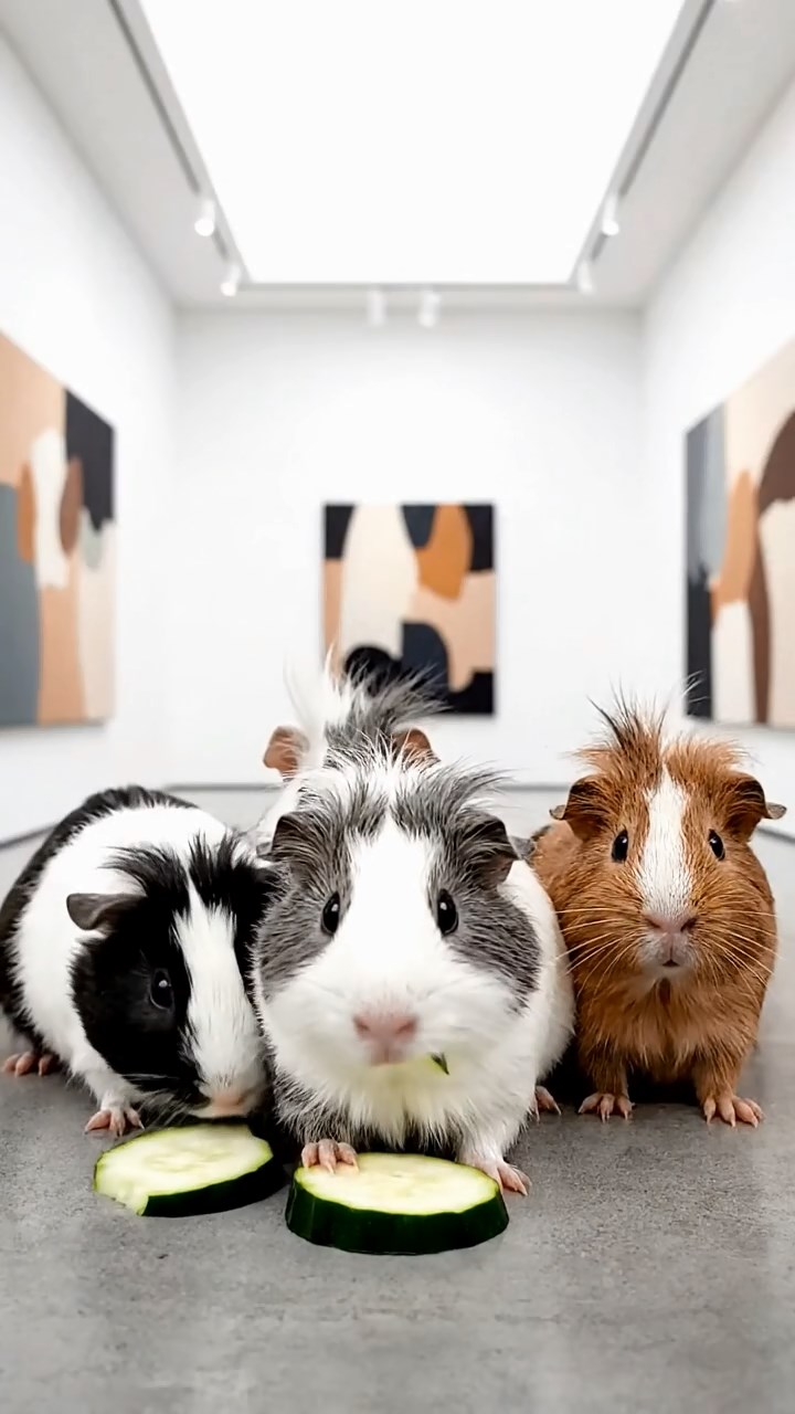 1519. Realistic image of 4 smooth-haired White Crested guinea pigs with gray, black, and brown fur, eating zucchini slices, inside a sleek modern gallery space with abstract artworks.