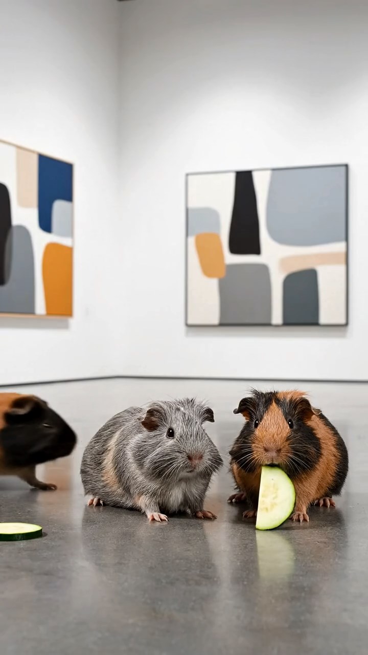 1519. Realistic image of 4 smooth-haired White Crested guinea pigs with gray, black, and brown fur, eating zucchini slices, inside a sleek modern gallery space with abstract artworks.