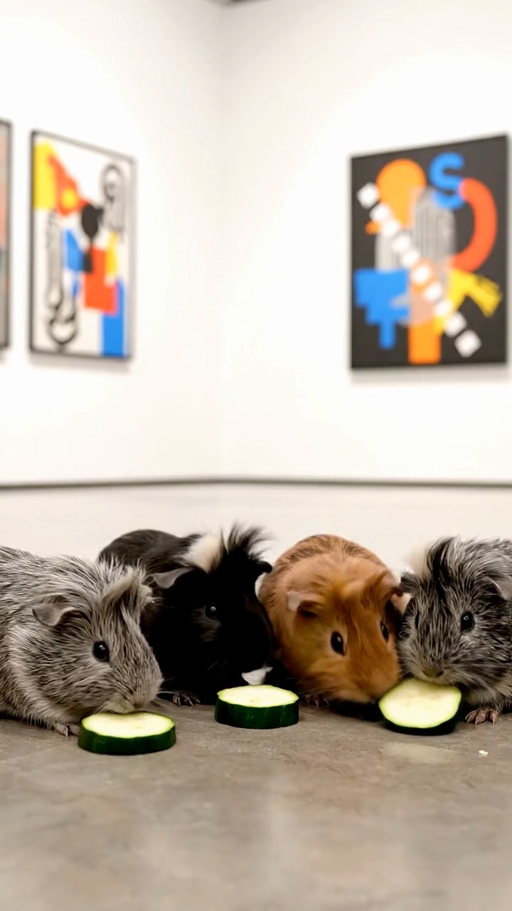 1519. Realistic image of 4 smooth-haired White Crested guinea pigs with gray, black, and brown fur, eating zucchini slices, inside a sleek modern gallery space with abstract artworks.