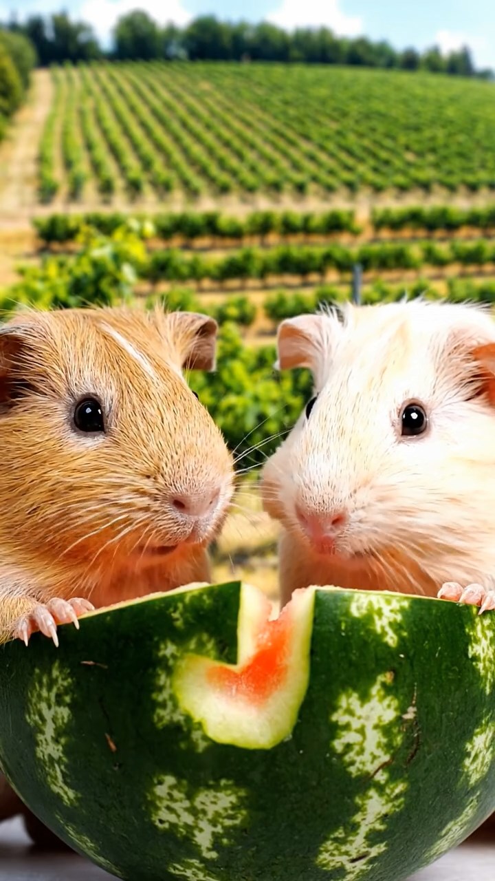 1520. Highly detailed view of 2 smooth-haired Skinny guinea pigs in cream and fawn colors, nibbling on watermelon rind, on a rolling vineyard hillside with grapevines and terraced fields.