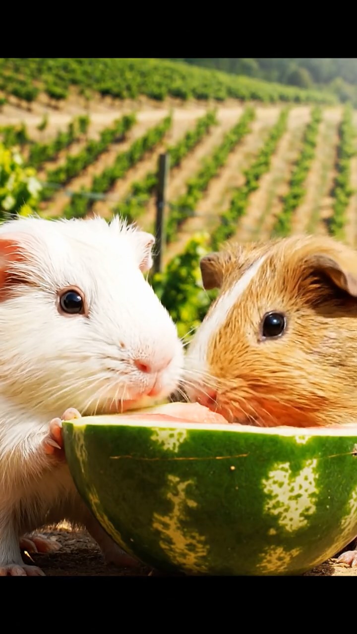 1520. Highly detailed view of 2 smooth-haired Skinny guinea pigs in cream and fawn colors, nibbling on watermelon rind, on a rolling vineyard hillside with grapevines and terraced fields.