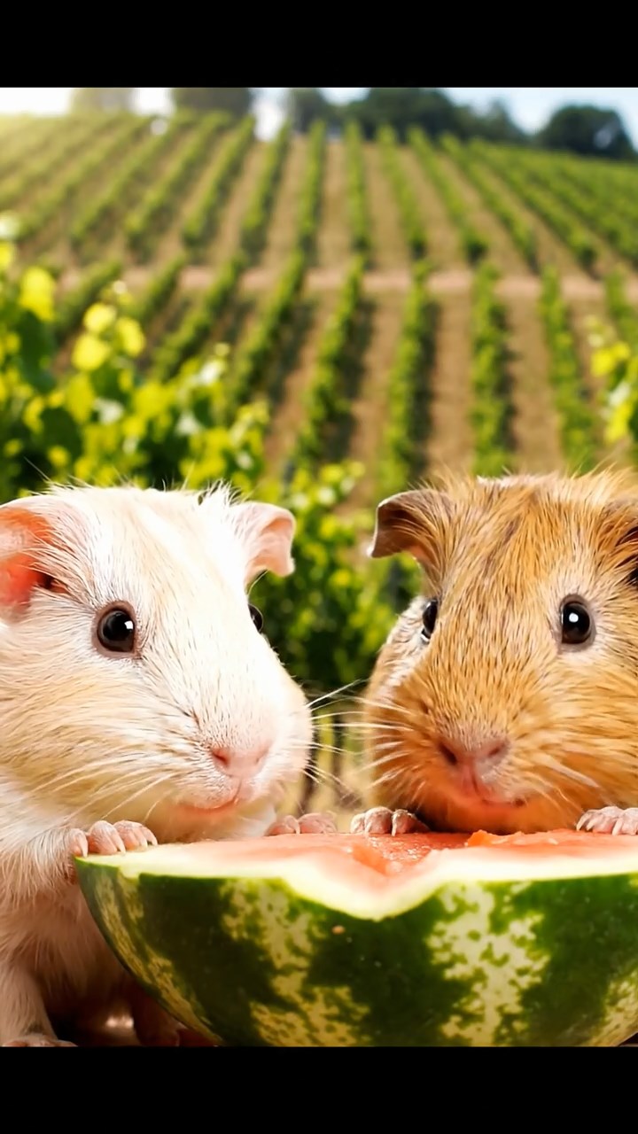 1520. Highly detailed view of 2 smooth-haired Skinny guinea pigs in cream and fawn colors, nibbling on watermelon rind, on a rolling vineyard hillside with grapevines and terraced fields.