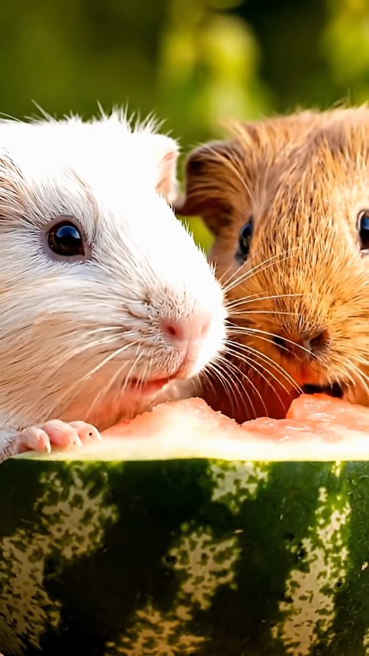 1520. Highly detailed view of 2 smooth-haired Skinny guinea pigs in cream and fawn colors, nibbling on watermelon rind, on a rolling vineyard hillside with grapevines and terraced fields.