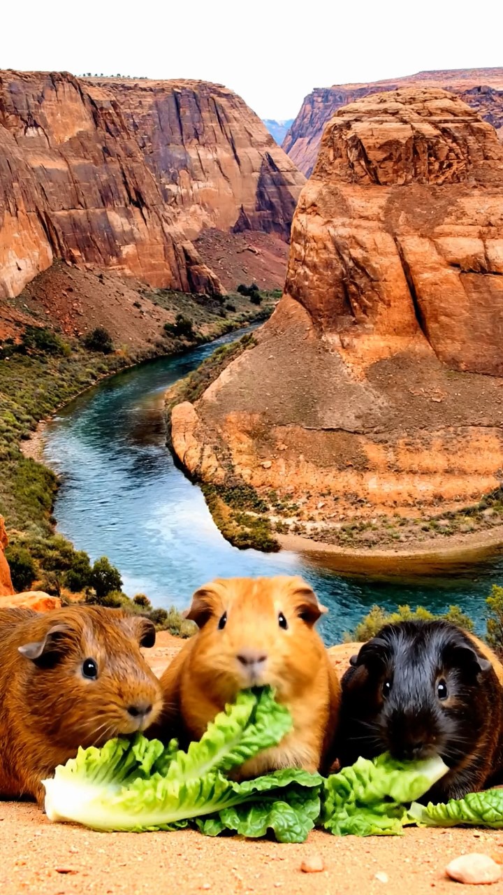 1521. Photorealistic scene of 3 smooth-haired American guinea pigs with chocolate, cinnamon, and sable fur, chewing on romaine lettuce, in a dramatic rocky canyon with layered strata and a flowing river.