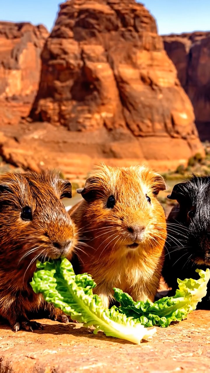 1521. Photorealistic scene of 3 smooth-haired American guinea pigs with chocolate, cinnamon, and sable fur, chewing on romaine lettuce, in a dramatic rocky canyon with layered strata and a flowing river.