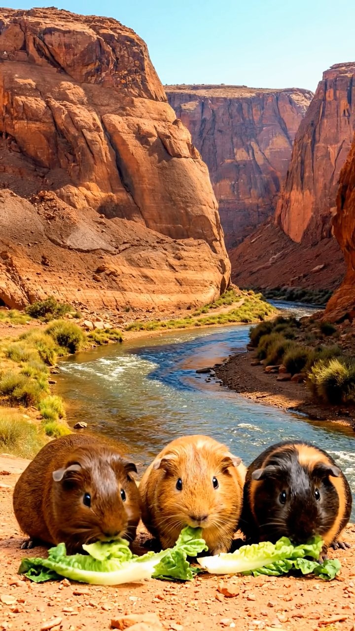 1521. Photorealistic scene of 3 smooth-haired American guinea pigs with chocolate, cinnamon, and sable fur, chewing on romaine lettuce, in a dramatic rocky canyon with layered strata and a flowing river.