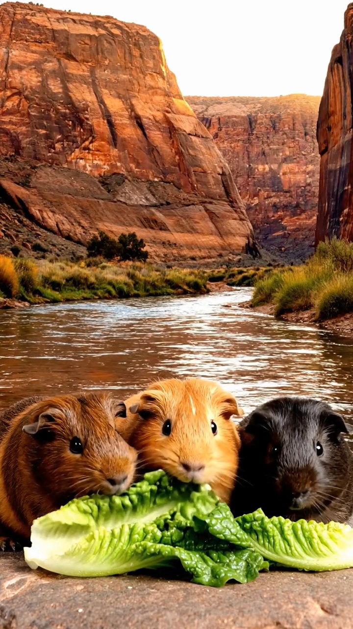 1521. Photorealistic scene of 3 smooth-haired American guinea pigs with chocolate, cinnamon, and sable fur, chewing on romaine lettuce, in a dramatic rocky canyon with layered strata and a flowing river.