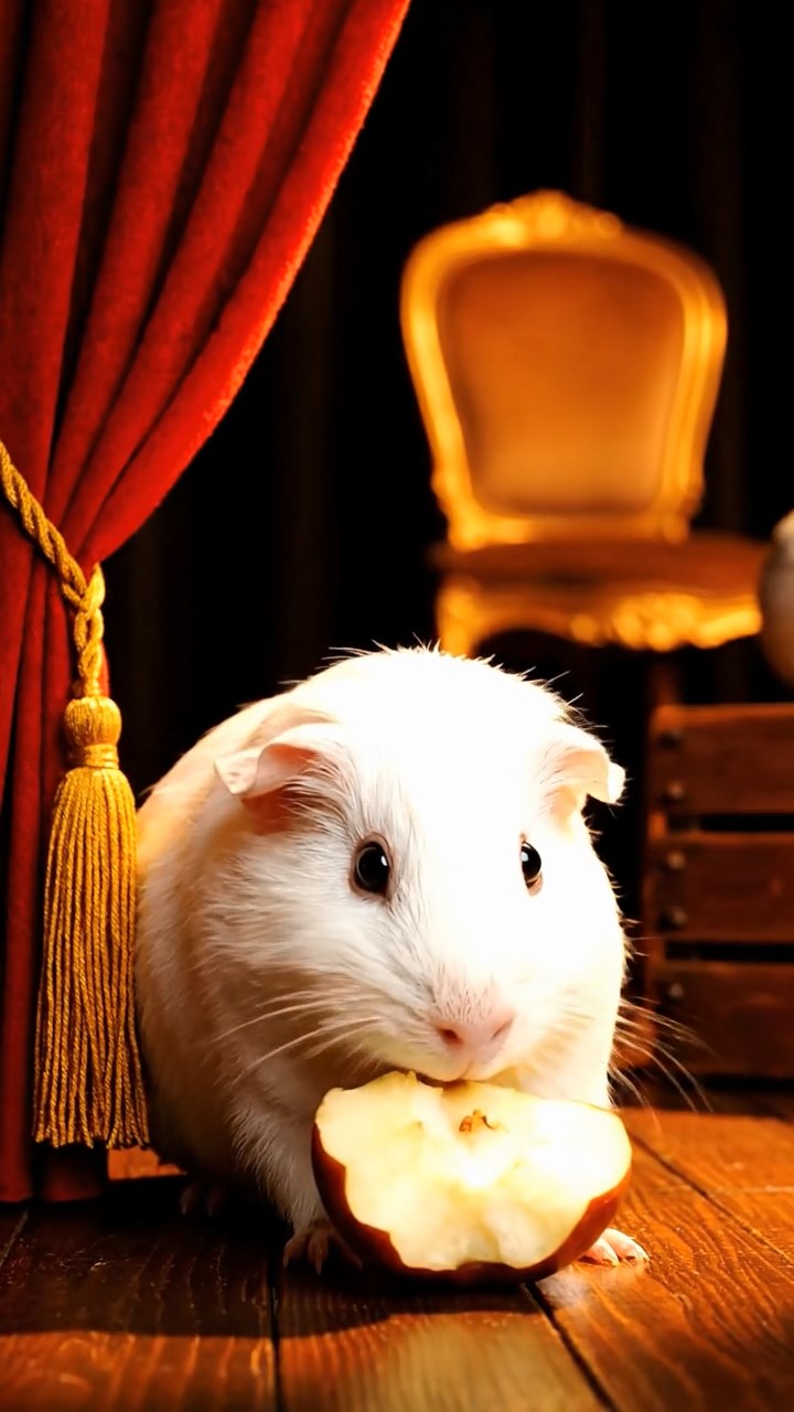 1522. Realistic depiction of 1 smooth-haired Abyssinian guinea pig with white fur, munching on apple cores, on a lavish theater stage wing with velvet curtains and props.