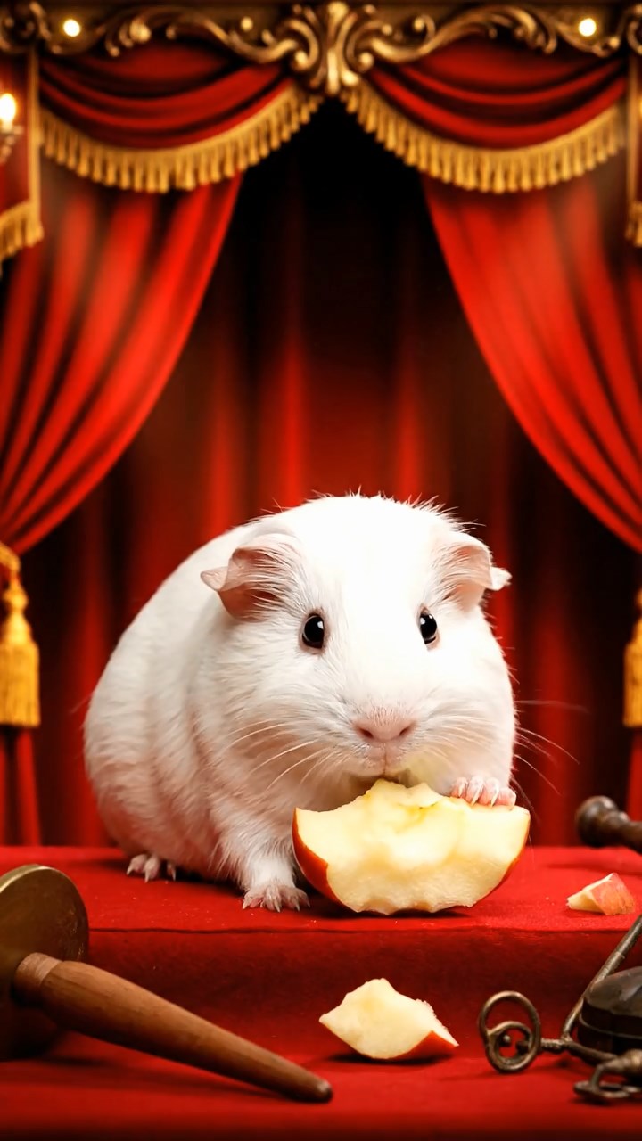 1522. Realistic depiction of 1 smooth-haired Abyssinian guinea pig with white fur, munching on apple cores, on a lavish theater stage wing with velvet curtains and props.
