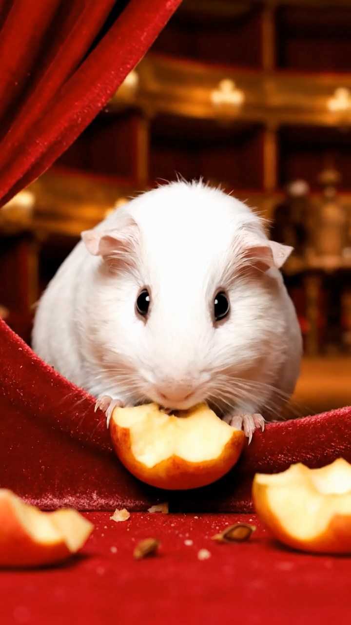 1522. Realistic depiction of 1 smooth-haired Abyssinian guinea pig with white fur, munching on apple cores, on a lavish theater stage wing with velvet curtains and props.