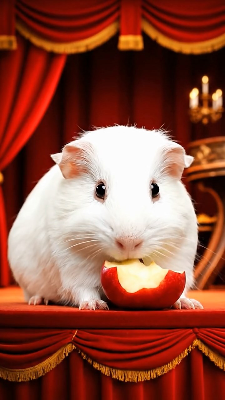 1522. Realistic depiction of 1 smooth-haired Abyssinian guinea pig with white fur, munching on apple cores, on a lavish theater stage wing with velvet curtains and props.