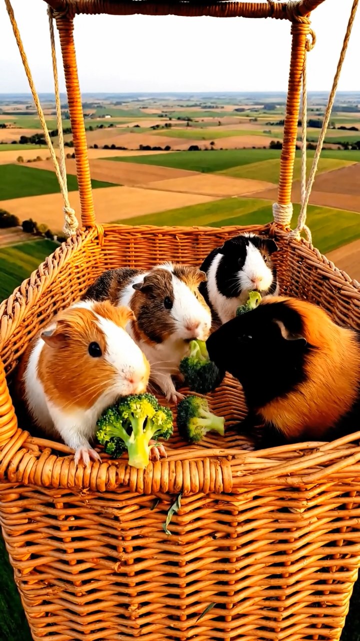 1523. Detailed photo of 4 smooth-haired Peruvian guinea pigs featuring orange, gray, and black coats, sharing broccoli florets, inside a soaring balloon basket over patchwork farmlands.