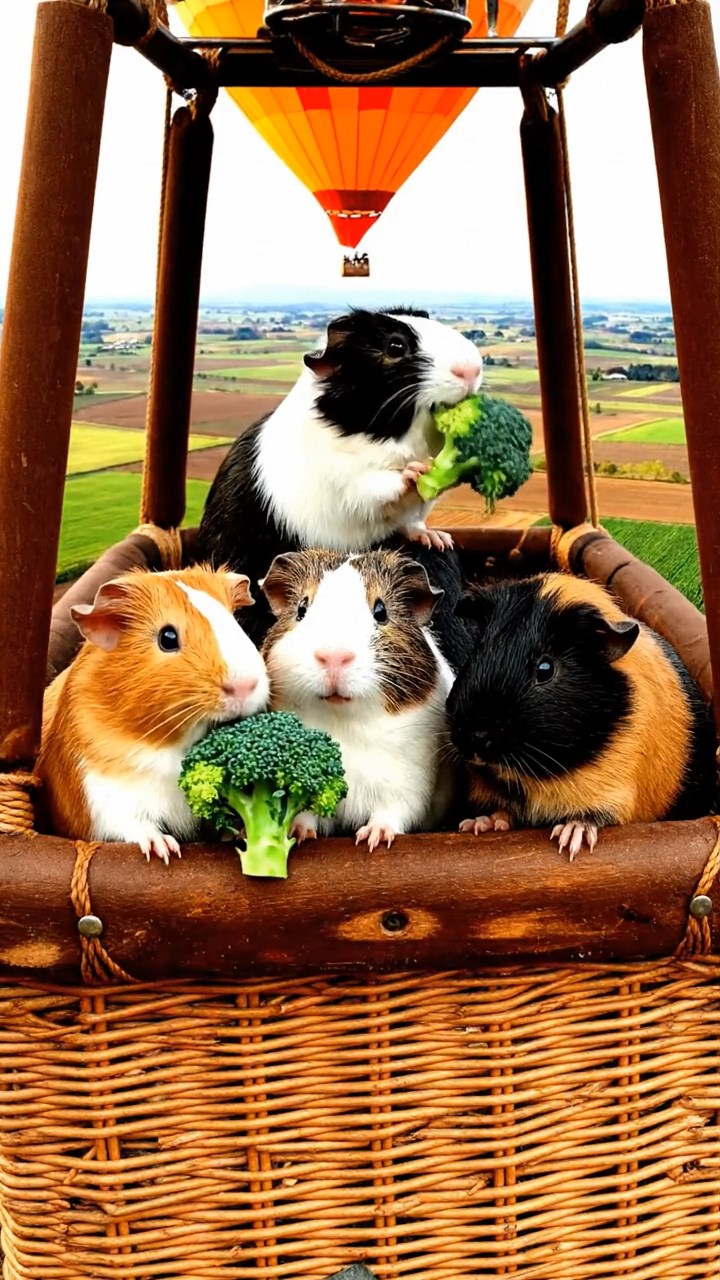 1523. Detailed photo of 4 smooth-haired Peruvian guinea pigs featuring orange, gray, and black coats, sharing broccoli florets, inside a soaring balloon basket over patchwork farmlands.