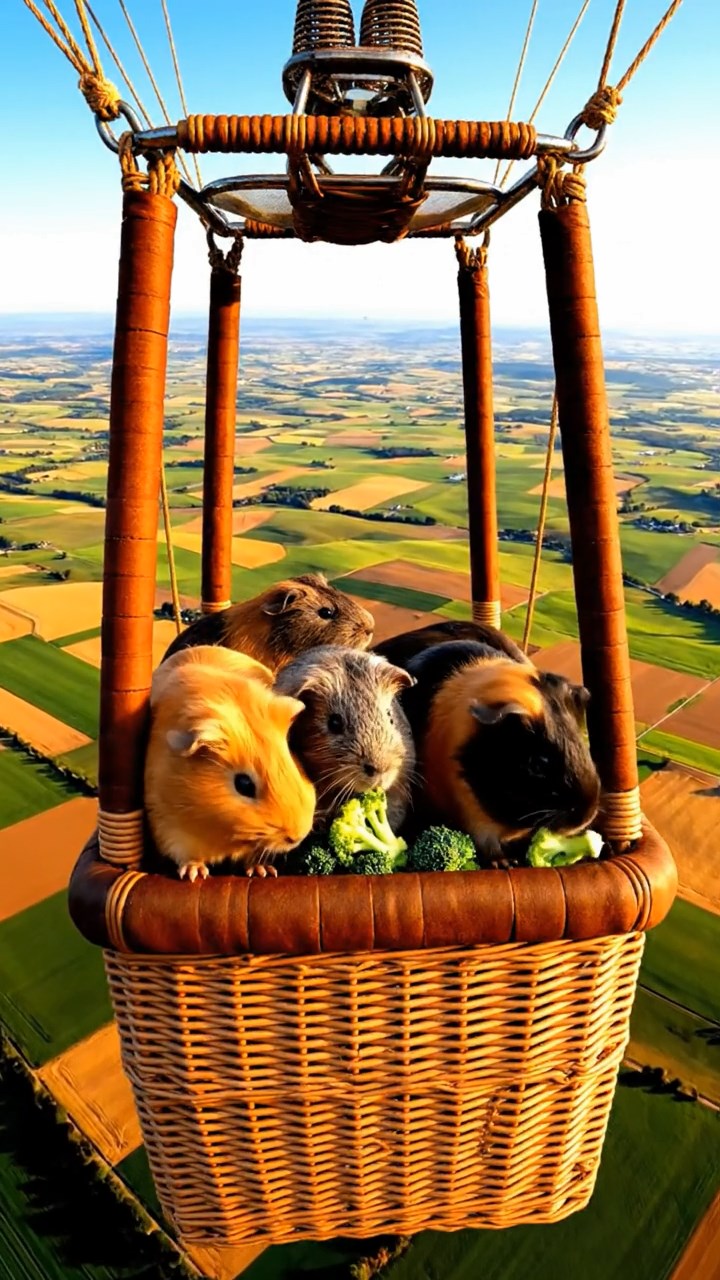 1523. Detailed photo of 4 smooth-haired Peruvian guinea pigs featuring orange, gray, and black coats, sharing broccoli florets, inside a soaring balloon basket over patchwork farmlands.