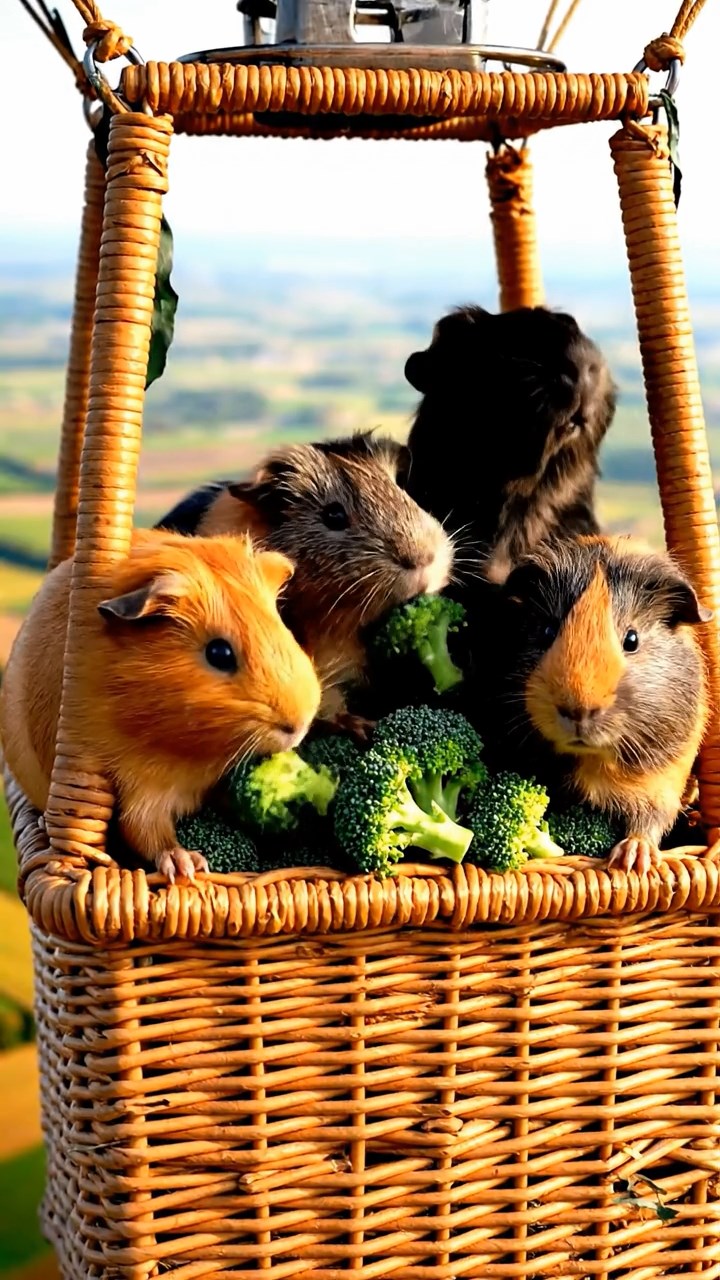 1523. Detailed photo of 4 smooth-haired Peruvian guinea pigs featuring orange, gray, and black coats, sharing broccoli florets, inside a soaring balloon basket over patchwork farmlands.