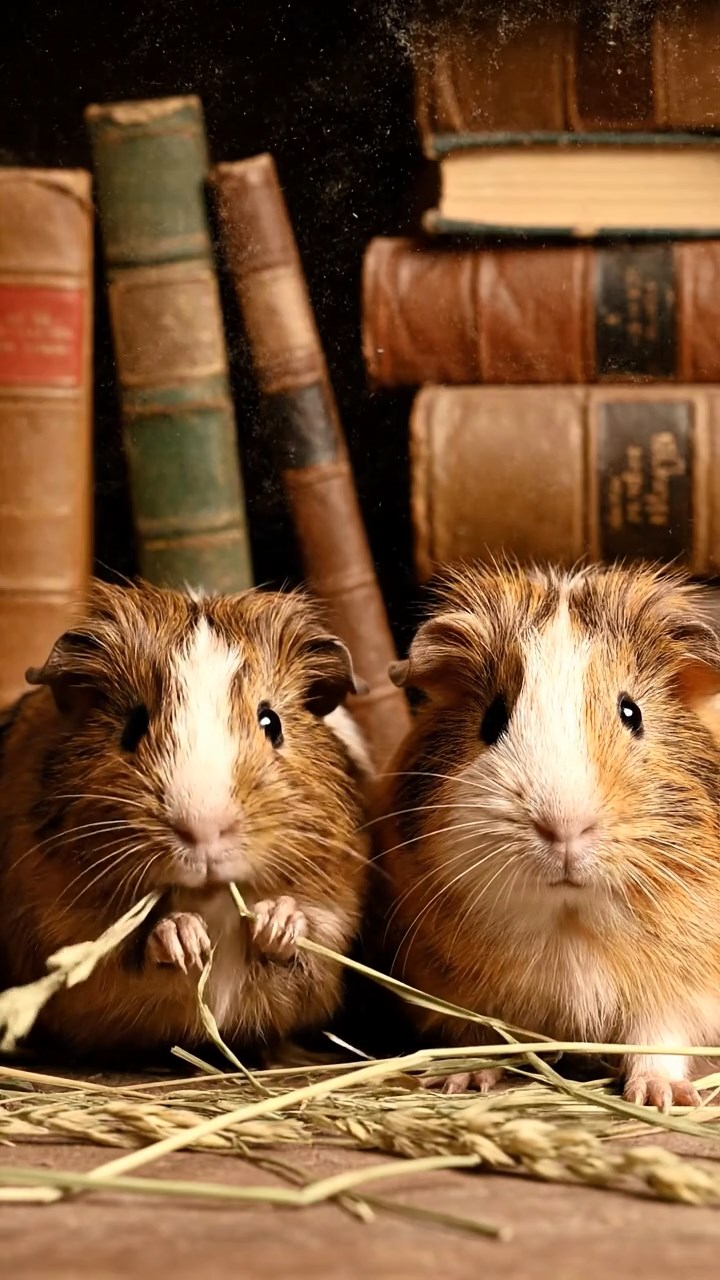 1524. Photorealistic image of 2 smooth-haired Silkie guinea pigs with brown and cream fur, eating dried orchard grass, in a dusty old library alcove with stacked leather books.