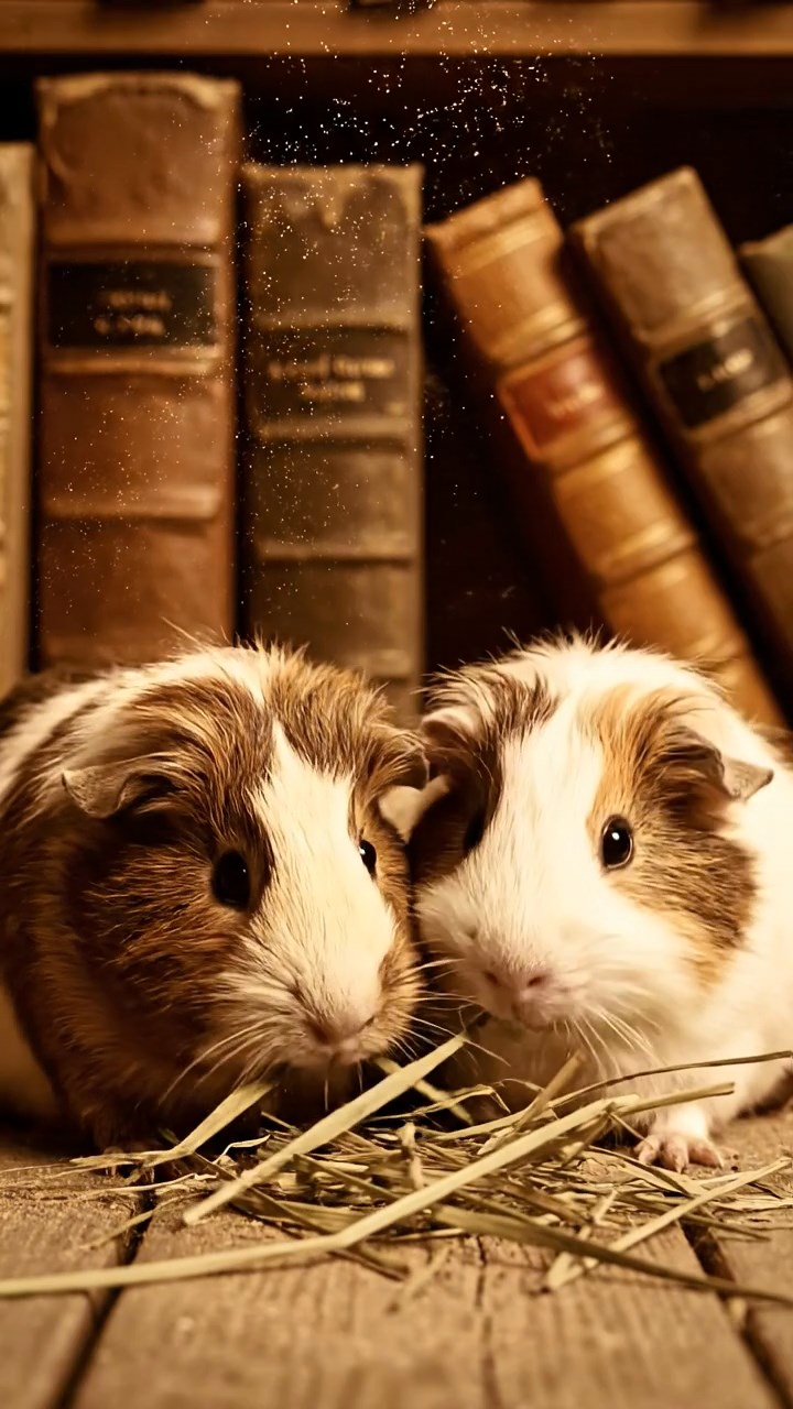 1524. Photorealistic image of 2 smooth-haired Silkie guinea pigs with brown and cream fur, eating dried orchard grass, in a dusty old library alcove with stacked leather books.
