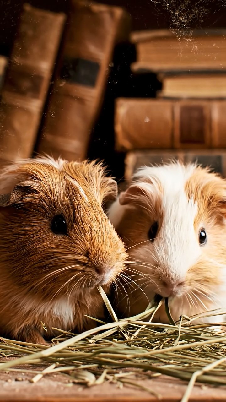 1524. Photorealistic image of 2 smooth-haired Silkie guinea pigs with brown and cream fur, eating dried orchard grass, in a dusty old library alcove with stacked leather books.
