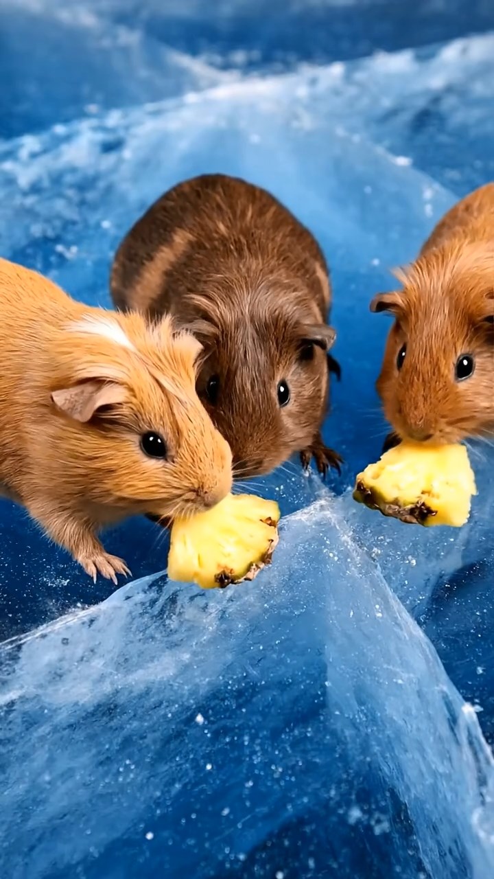 1525. Realistic scene of 5 smooth-haired Teddy guinea pigs in fawn, chocolate, and cinnamon colors, nibbling on pineapple chunks, on a cracking blue glacier surface with deep crevasses.