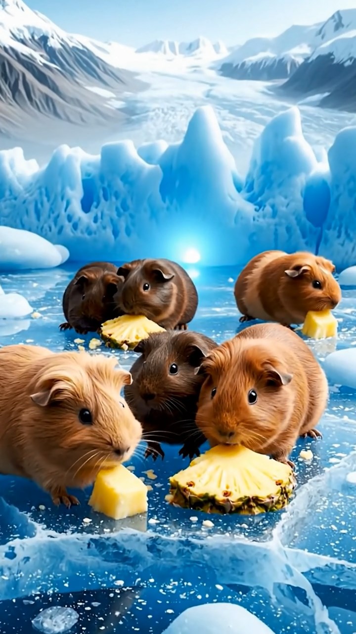 1525. Realistic scene of 5 smooth-haired Teddy guinea pigs in fawn, chocolate, and cinnamon colors, nibbling on pineapple chunks, on a cracking blue glacier surface with deep crevasses.