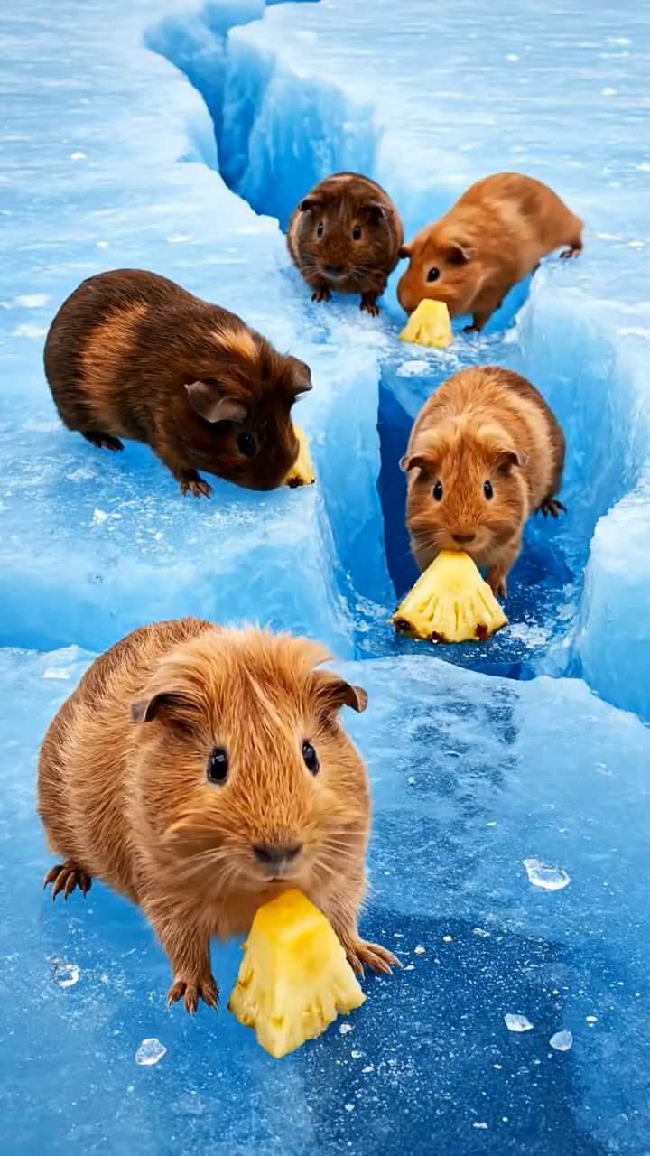 1525. Realistic scene of 5 smooth-haired Teddy guinea pigs in fawn, chocolate, and cinnamon colors, nibbling on pineapple chunks, on a cracking blue glacier surface with deep crevasses.