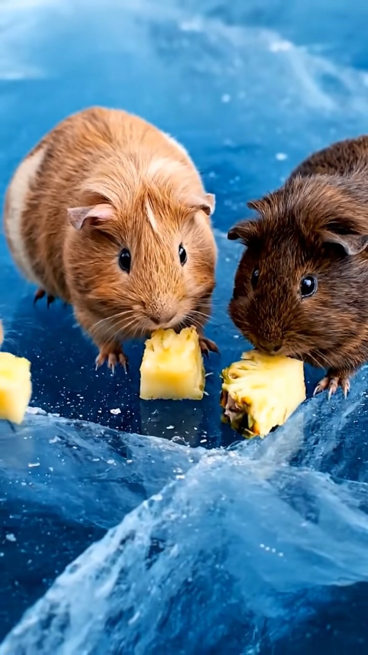 1525. Realistic scene of 5 smooth-haired Teddy guinea pigs in fawn, chocolate, and cinnamon colors, nibbling on pineapple chunks, on a cracking blue glacier surface with deep crevasses.