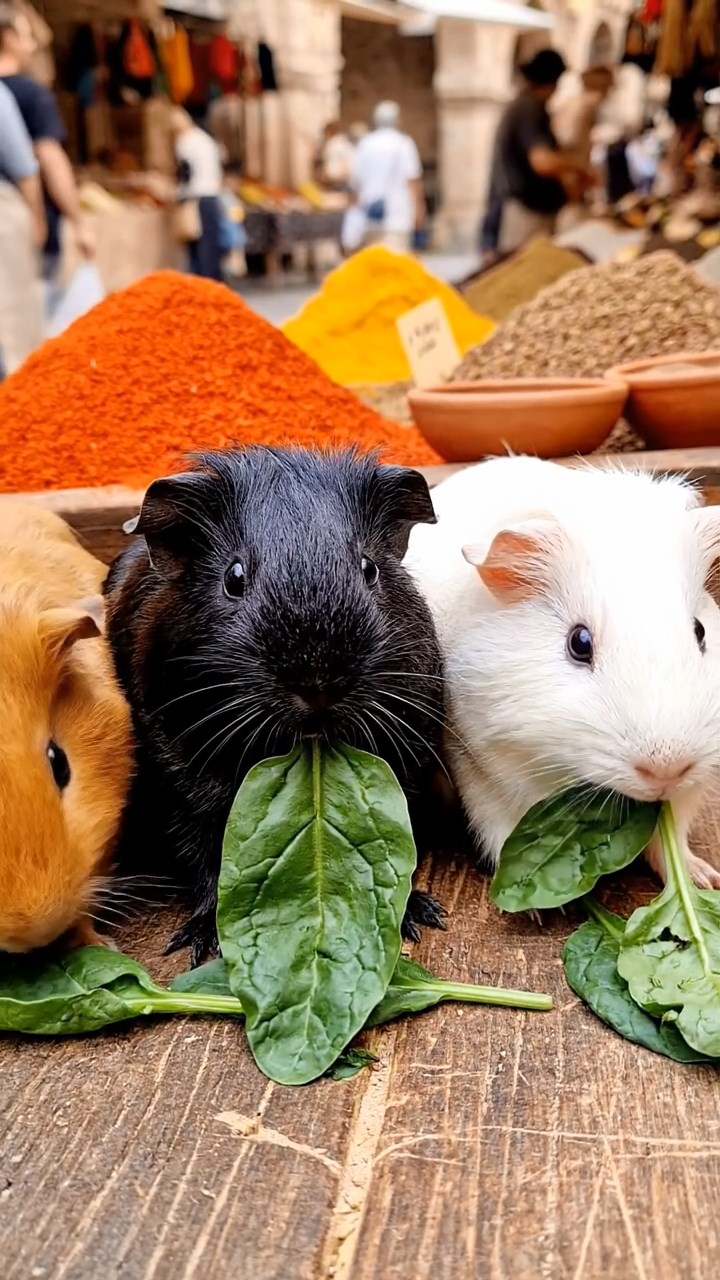 1526. Highly detailed view of 3 smooth-haired Texel guinea pigs with sable, white, and orange fur, chewing on spinach, at a lively outdoor bazaar with spice piles and vendors.