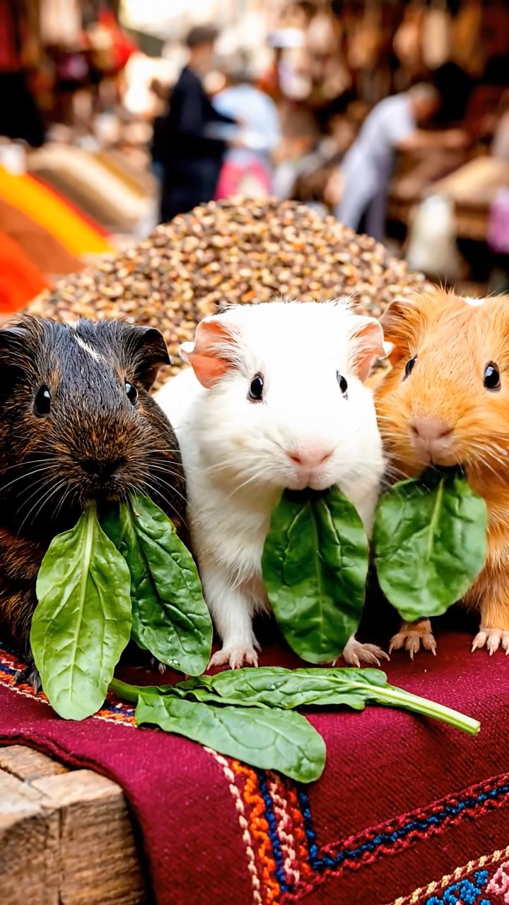 1526. Highly detailed view of 3 smooth-haired Texel guinea pigs with sable, white, and orange fur, chewing on spinach, at a lively outdoor bazaar with spice piles and vendors.