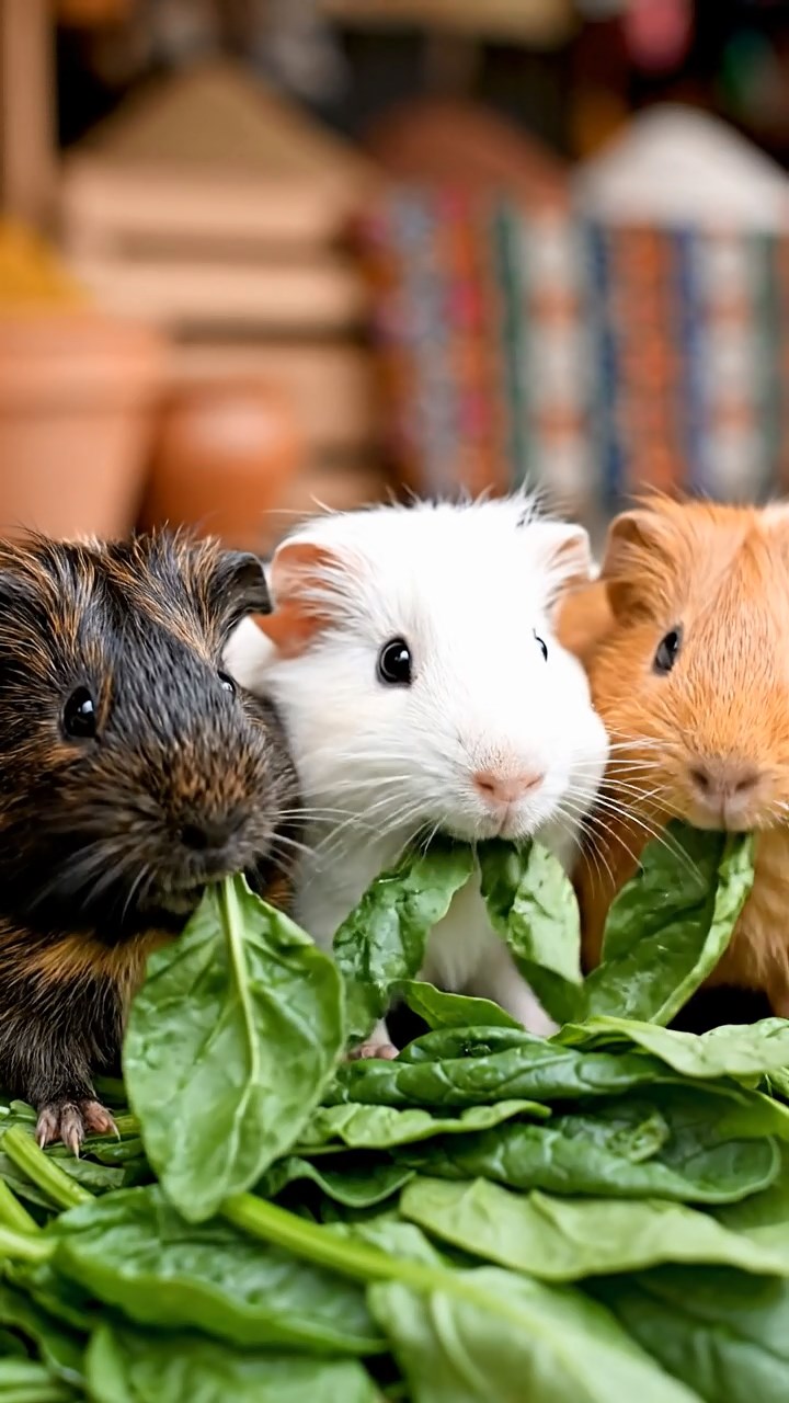1526. Highly detailed view of 3 smooth-haired Texel guinea pigs with sable, white, and orange fur, chewing on spinach, at a lively outdoor bazaar with spice piles and vendors.