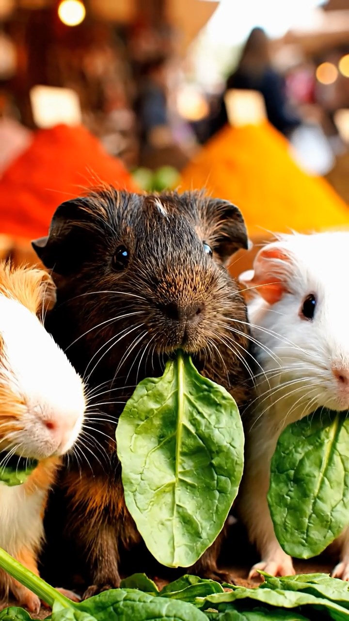 1526. Highly detailed view of 3 smooth-haired Texel guinea pigs with sable, white, and orange fur, chewing on spinach, at a lively outdoor bazaar with spice piles and vendors.