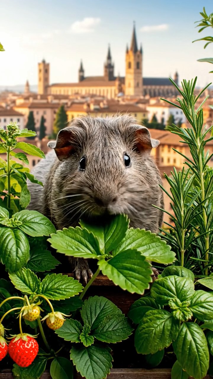 1527. Photorealistic photo of 1 smooth-haired Rex guinea pig with gray fur, munching on strawberry leaves, on a sustainable roof garden with herbs and city horizons.