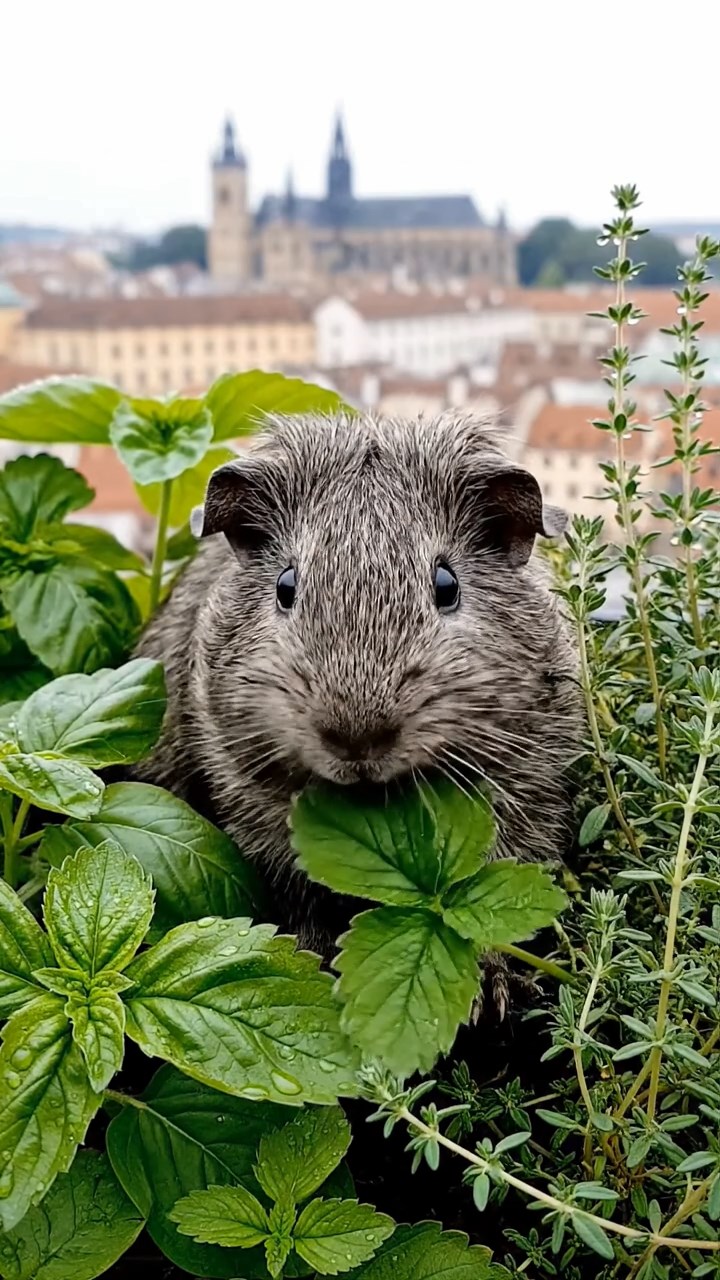 1527. Photorealistic photo of 1 smooth-haired Rex guinea pig with gray fur, munching on strawberry leaves, on a sustainable roof garden with herbs and city horizons.