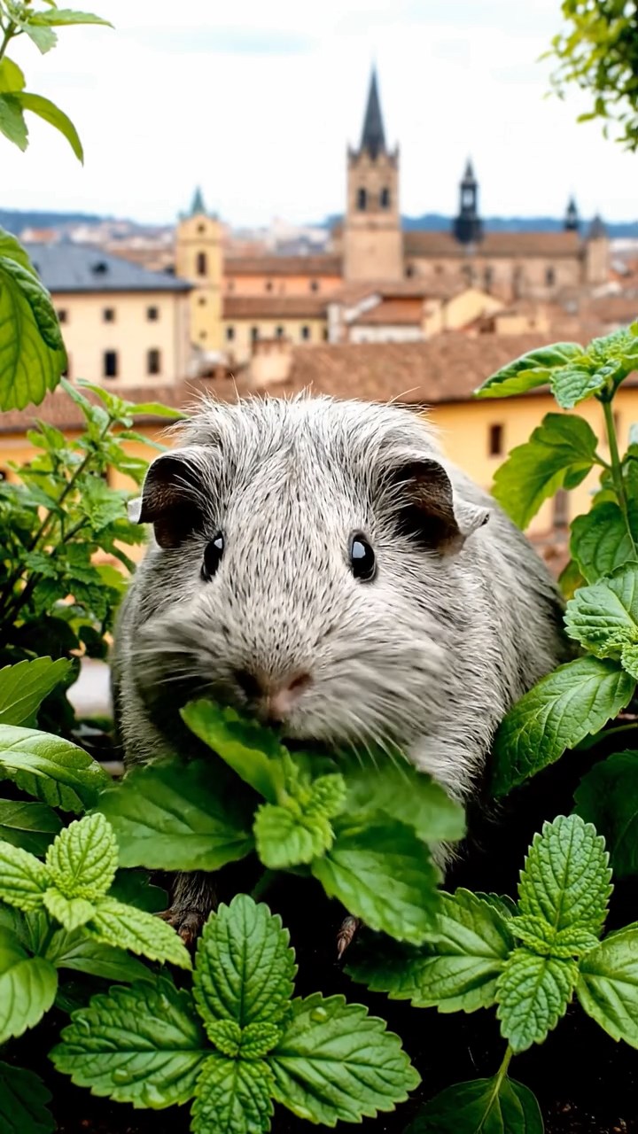 1527. Photorealistic photo of 1 smooth-haired Rex guinea pig with gray fur, munching on strawberry leaves, on a sustainable roof garden with herbs and city horizons.