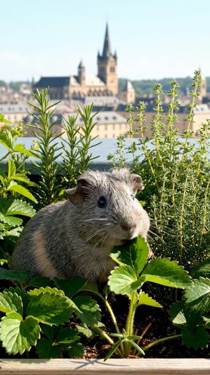 1527. Photorealistic photo of 1 smooth-haired Rex guinea pig with gray fur, munching on strawberry leaves, on a sustainable roof garden with herbs and city horizons.