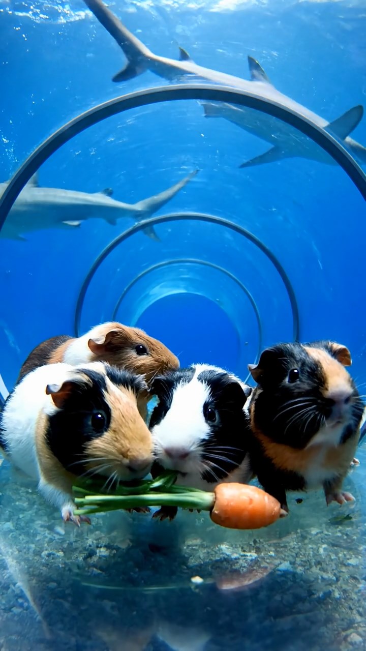 1528. Realistic depiction of 4 smooth-haired Coronet guinea pigs featuring black, brown, and cream coats, sharing carrot tops, in an immersive marine tunnel with sharks overhead.