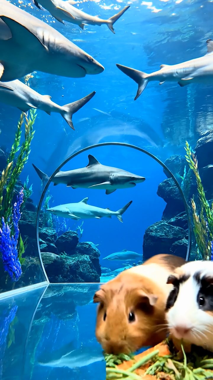 1528. Realistic depiction of 4 smooth-haired Coronet guinea pigs featuring black, brown, and cream coats, sharing carrot tops, in an immersive marine tunnel with sharks overhead.