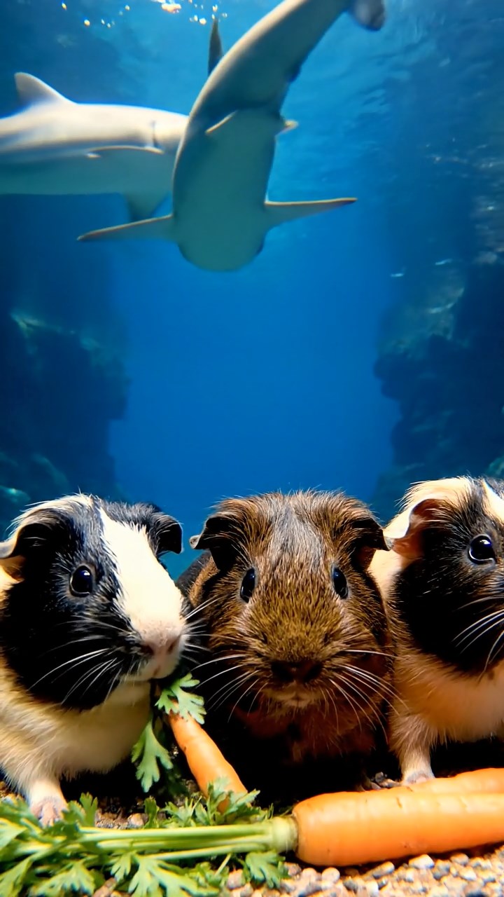1528. Realistic depiction of 4 smooth-haired Coronet guinea pigs featuring black, brown, and cream coats, sharing carrot tops, in an immersive marine tunnel with sharks overhead.