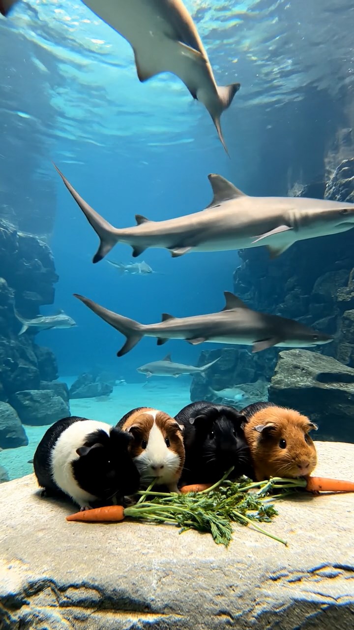 1528. Realistic depiction of 4 smooth-haired Coronet guinea pigs featuring black, brown, and cream coats, sharing carrot tops, in an immersive marine tunnel with sharks overhead.