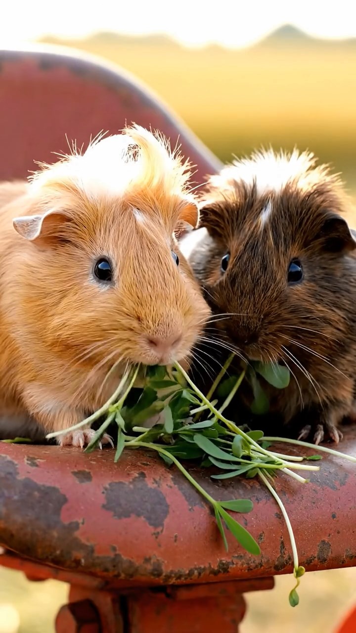 1529. Detailed image of 2 smooth-haired White Crested guinea pigs with fawn and chocolate fur, eating alfalfa sprouts, on a classic farm machinery seat with golden fields.