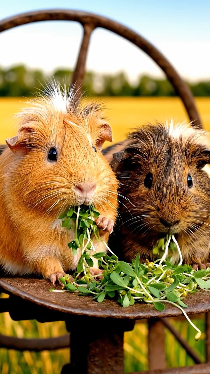 1529. Detailed image of 2 smooth-haired White Crested guinea pigs with fawn and chocolate fur, eating alfalfa sprouts, on a classic farm machinery seat with golden fields.