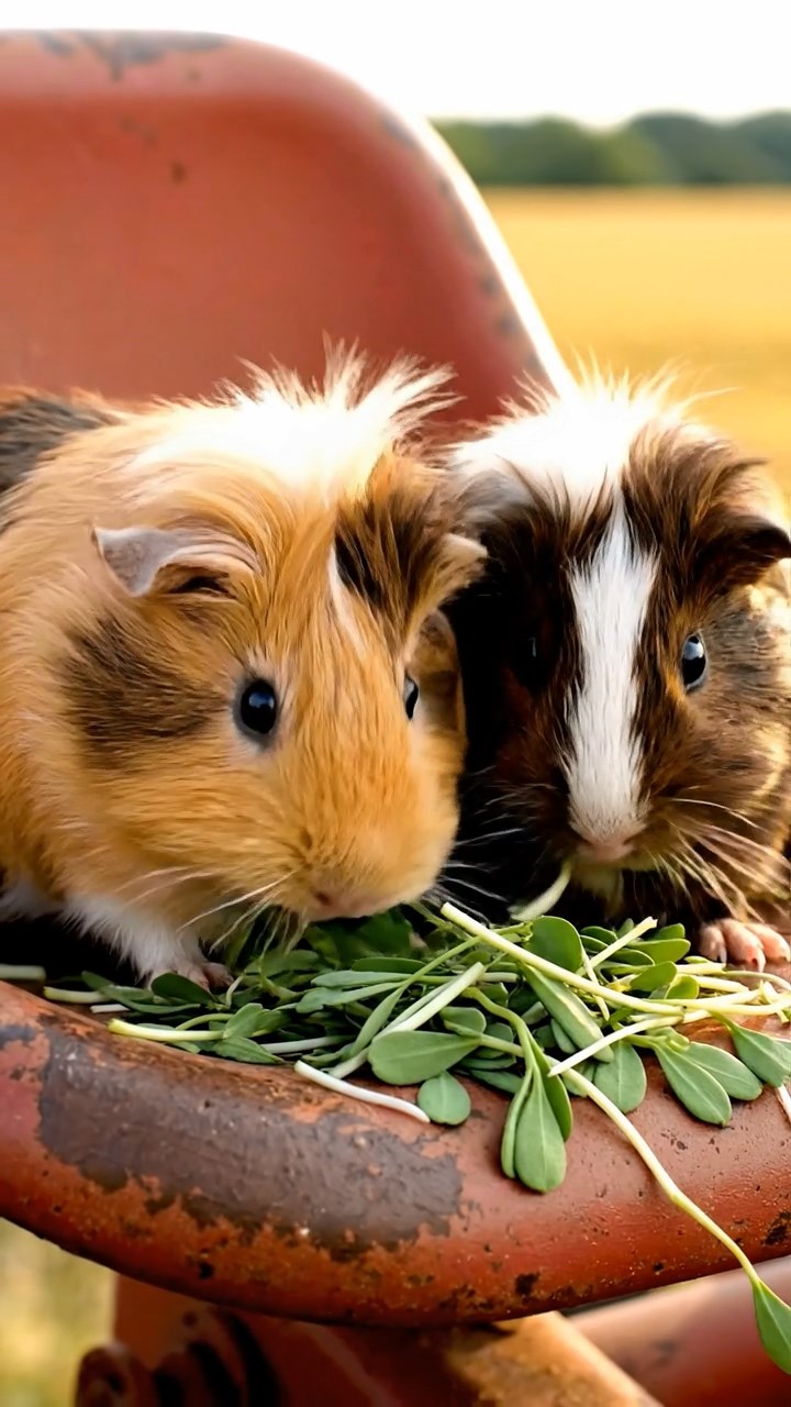 1529. Detailed image of 2 smooth-haired White Crested guinea pigs with fawn and chocolate fur, eating alfalfa sprouts, on a classic farm machinery seat with golden fields.
