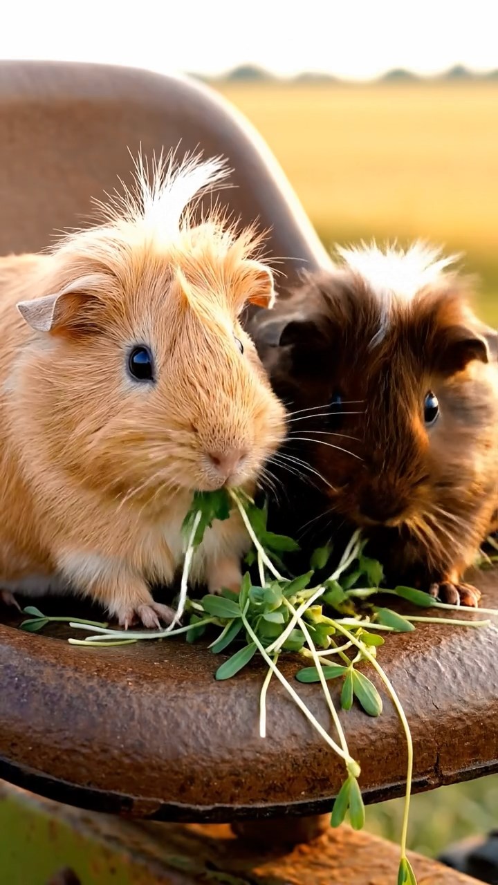1529. Detailed image of 2 smooth-haired White Crested guinea pigs with fawn and chocolate fur, eating alfalfa sprouts, on a classic farm machinery seat with golden fields.