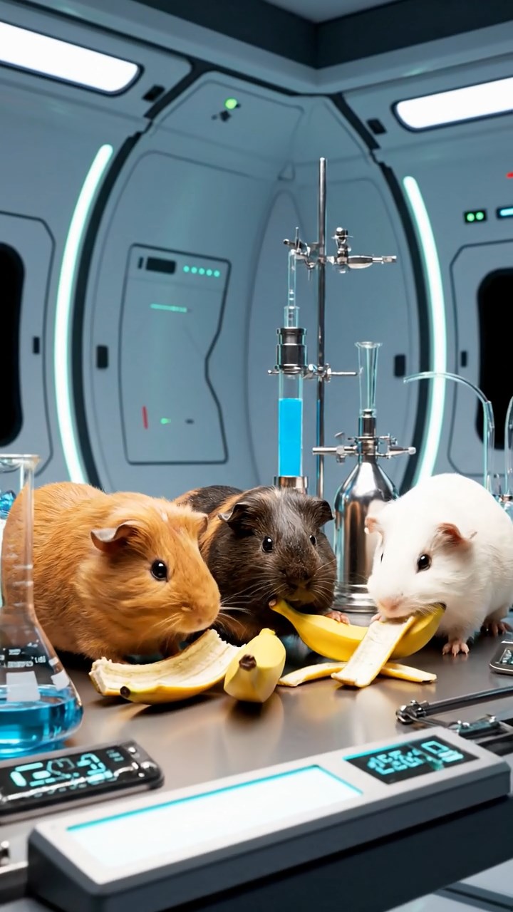 1530. Photorealistic scene of 3 smooth-haired Skinny guinea pigs in cinnamon, sable, and white colors, nibbling on banana peels, inside a modular space lab with experiment gear.