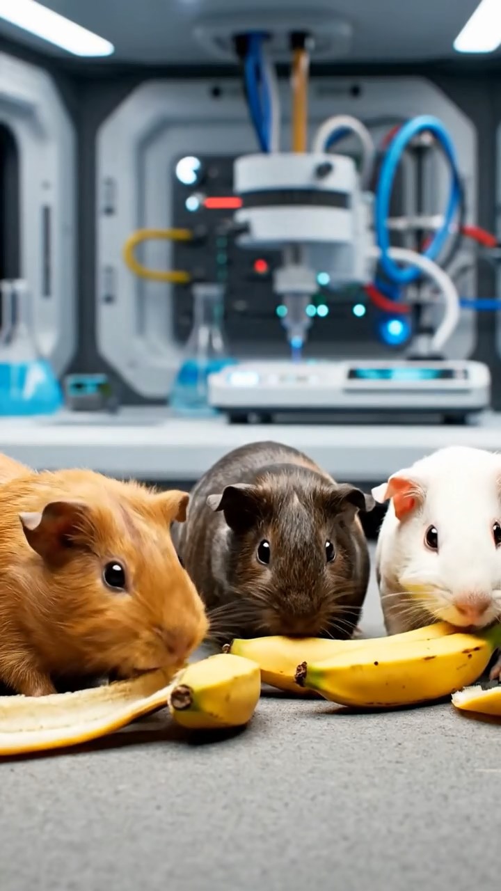 1530. Photorealistic scene of 3 smooth-haired Skinny guinea pigs in cinnamon, sable, and white colors, nibbling on banana peels, inside a modular space lab with experiment gear.