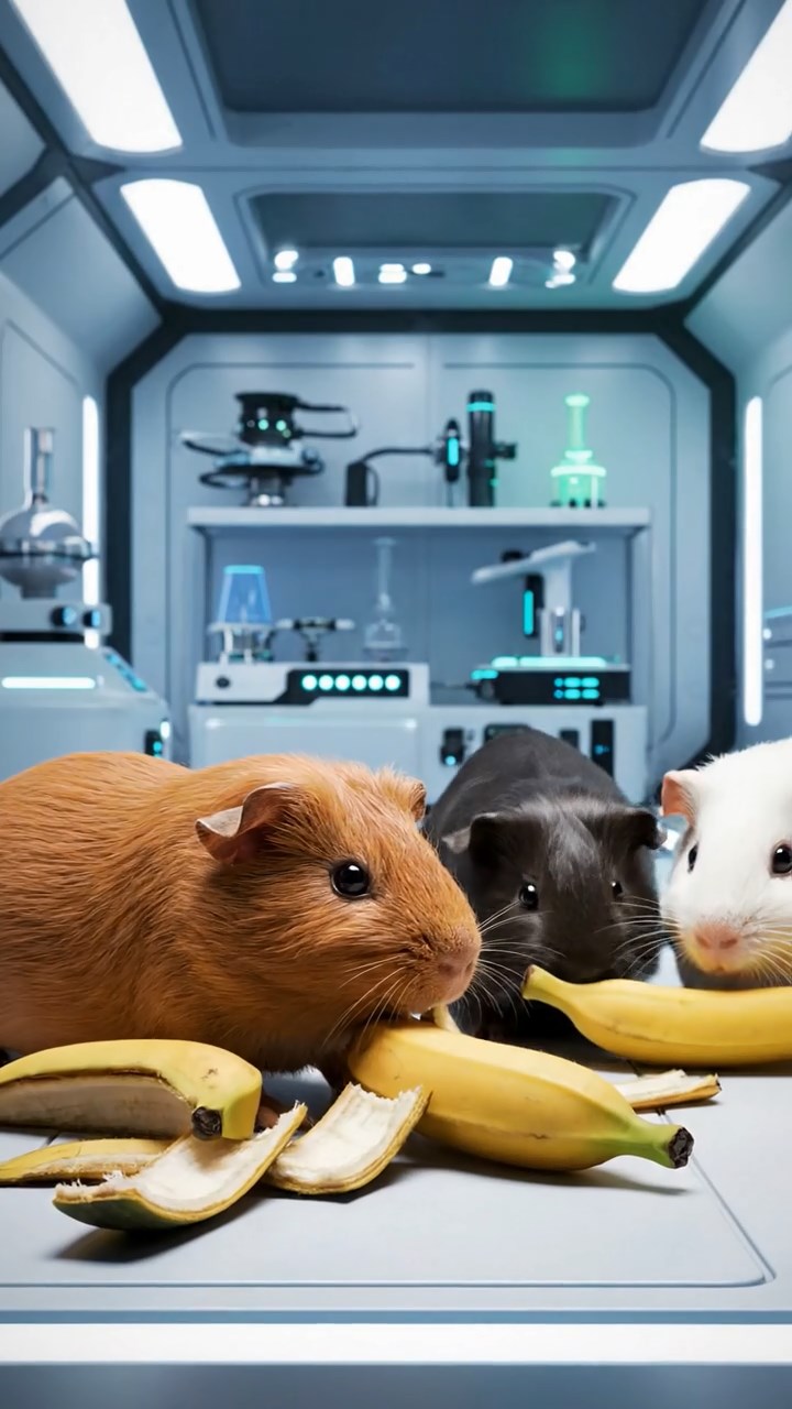 1530. Photorealistic scene of 3 smooth-haired Skinny guinea pigs in cinnamon, sable, and white colors, nibbling on banana peels, inside a modular space lab with experiment gear.