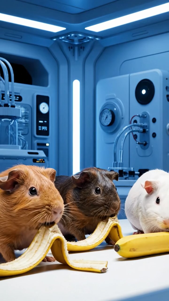 1530. Photorealistic scene of 3 smooth-haired Skinny guinea pigs in cinnamon, sable, and white colors, nibbling on banana peels, inside a modular space lab with experiment gear.