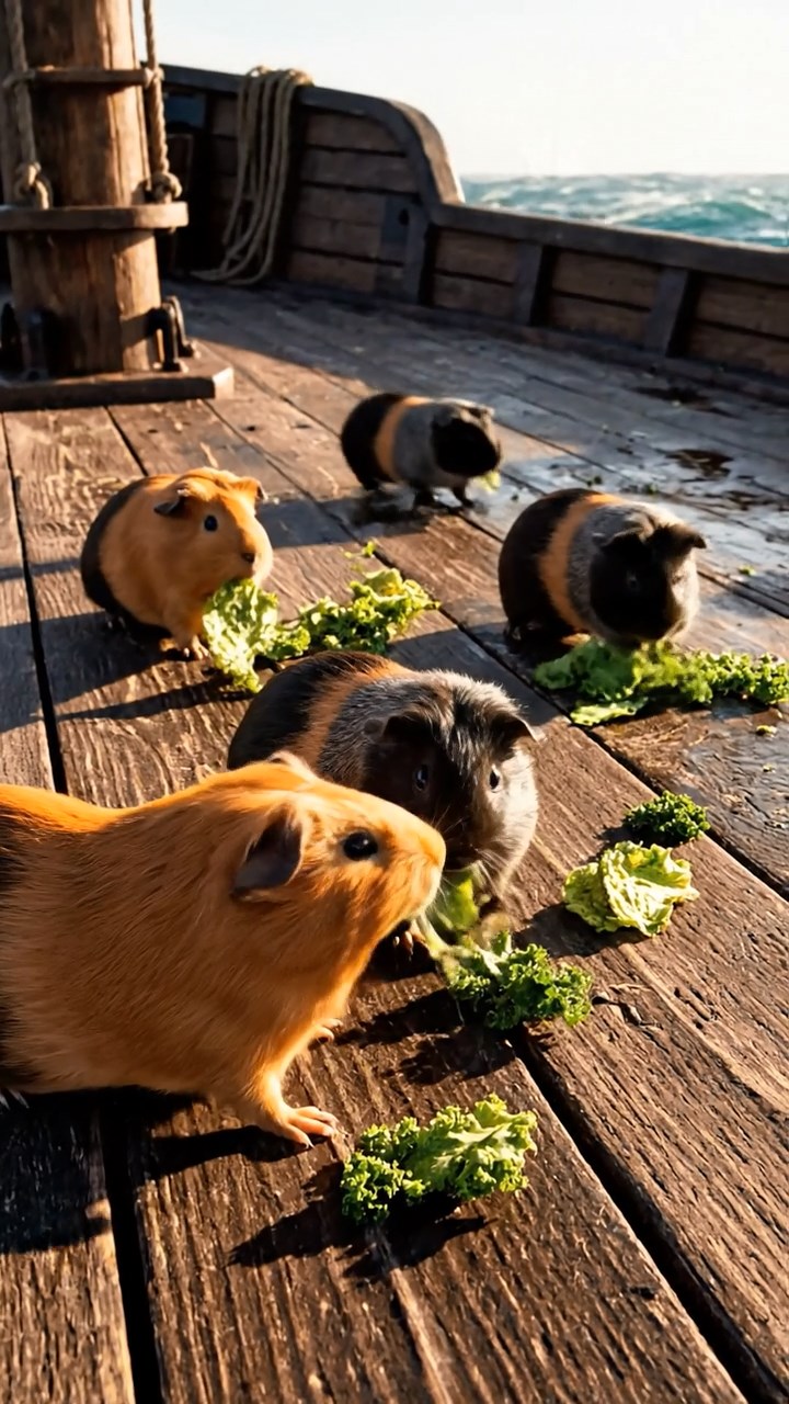 1531. Realistic photo of 5 smooth-haired American guinea pigs with orange, gray, and black fur, chewing on kale chips, on a weathered pirate frigate deck with ocean swells.