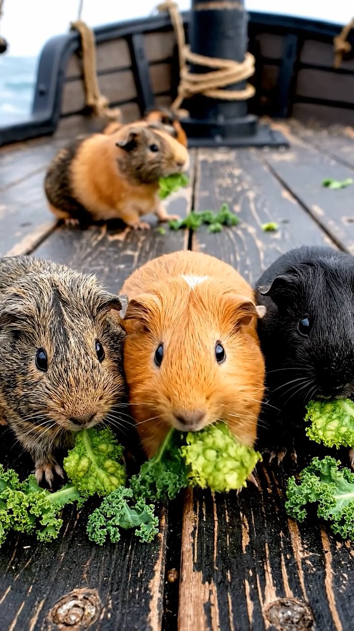 1531. Realistic photo of 5 smooth-haired American guinea pigs with orange, gray, and black fur, chewing on kale chips, on a weathered pirate frigate deck with ocean swells.