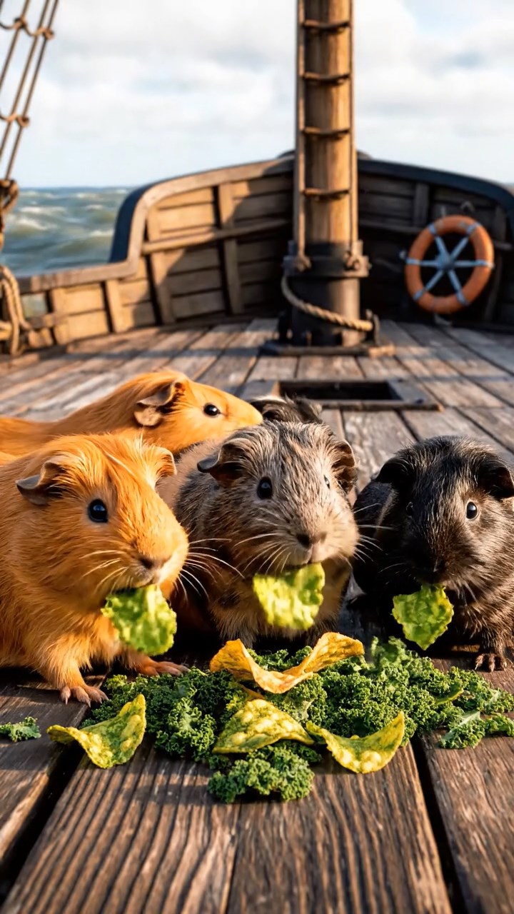 1531. Realistic photo of 5 smooth-haired American guinea pigs with orange, gray, and black fur, chewing on kale chips, on a weathered pirate frigate deck with ocean swells.