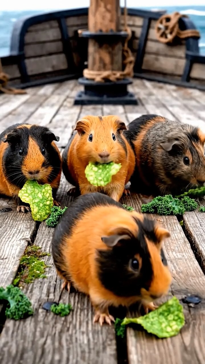 1531. Realistic photo of 5 smooth-haired American guinea pigs with orange, gray, and black fur, chewing on kale chips, on a weathered pirate frigate deck with ocean swells.